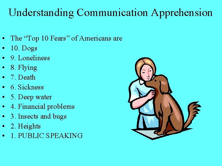 Understanding Communication Apprehension • • • The “Top 10 Fears” of Americans are 10.