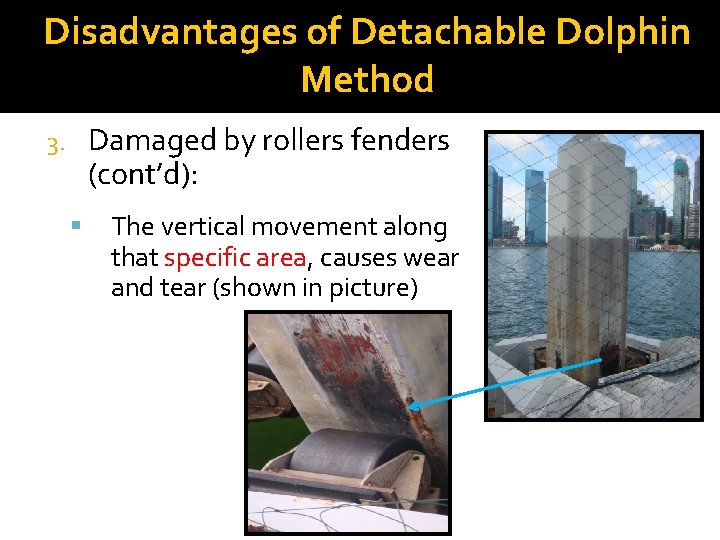 Disadvantages of Detachable Dolphin Method Damaged by rollers fenders (cont’d): 3. The vertical movement