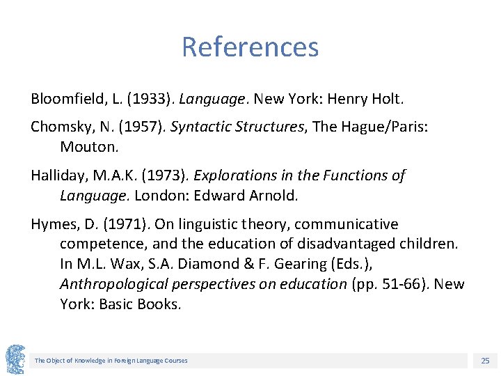 References Bloomfield, L. (1933). Language. New York: Henry Holt. Chomsky, N. (1957). Syntactic Structures,