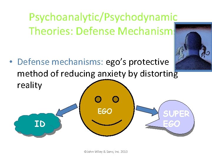 Psychoanalytic/Psychodynamic Theories: Defense Mechanisms • Defense mechanisms: ego’s protective method of reducing anxiety by