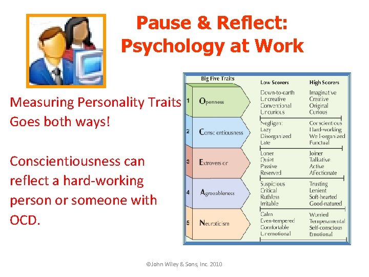 Pause & Reflect: Psychology at Work Measuring Personality Traits Goes both ways! Conscientiousness can