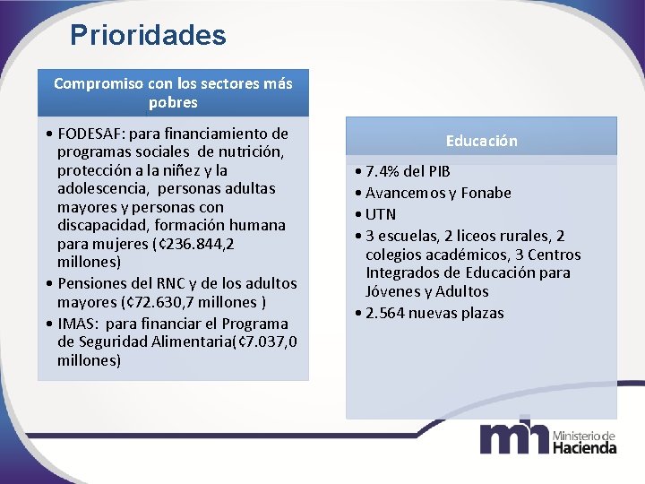 Prioridades Compromiso con los sectores más pobres • FODESAF: para financiamiento de programas sociales