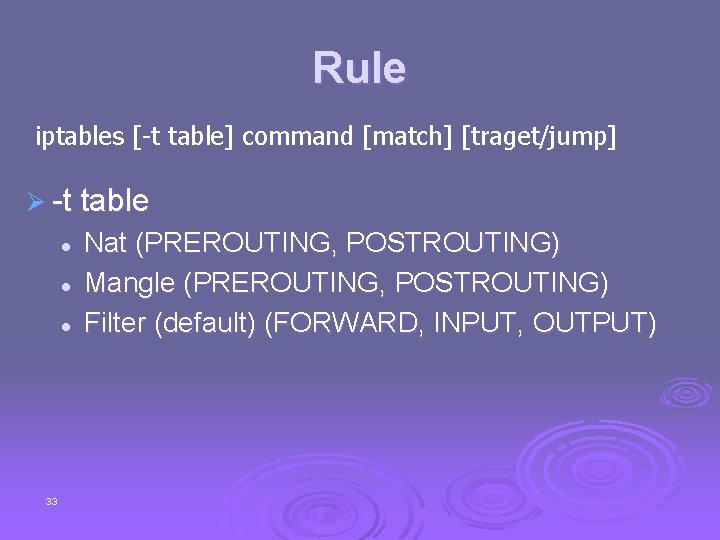 Rule iptables [-t table] command [match] [traget/jump] Ø -t table l l l 33