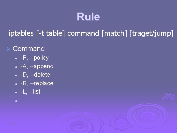Rule iptables [-t table] command [match] [traget/jump] Ø Command l l l 34 -P,