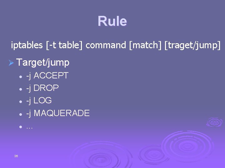 Rule iptables [-t table] command [match] [traget/jump] Ø Target/jump l l l 36 -j