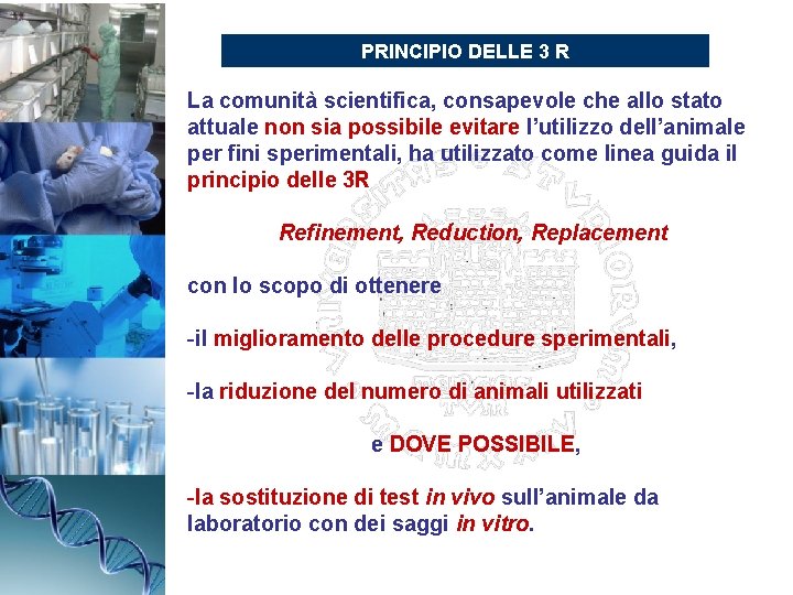 PRINCIPIO DELLE 3 R La comunità scientifica, consapevole che allo stato attuale non sia