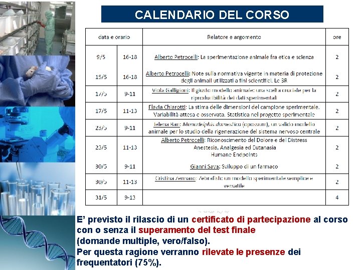 CALENDARIO DEL CORSO E’ previsto il rilascio di un certificato di partecipazione al corso