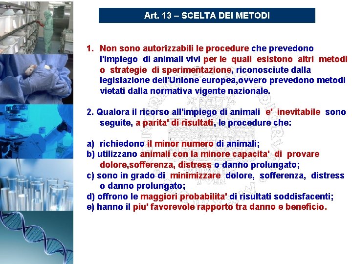 Art. 13 – SCELTA DEI METODI 1. Non sono autorizzabili le procedure che prevedono