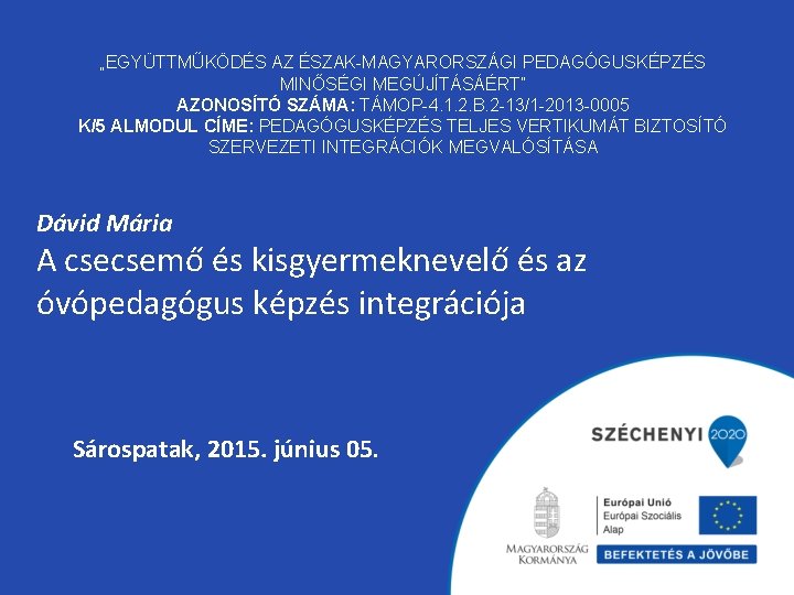 „EGYÜTTMŰKÖDÉS AZ ÉSZAK-MAGYARORSZÁGI PEDAGÓGUSKÉPZÉS MINŐSÉGI MEGÚJÍTÁSÁÉRT” AZONOSÍTÓ SZÁMA: TÁMOP-4. 1. 2. B. 2 -13/1