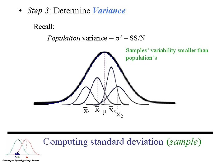  • Step 3: Determine Variance Recall: Population variance = σ2 = SS/N Samples’