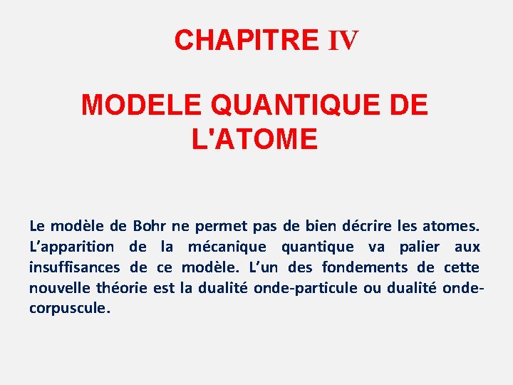 CHAPITRE IV MODELE QUANTIQUE DE L'ATOME Le modèle de Bohr ne permet pas de