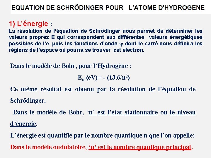 1) L’énergie : La résolution de l’équation de Schrödinger nous permet de déterminer les