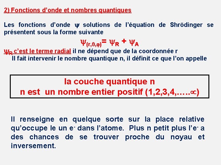 2) Fonctions d’onde et nombres quantiques Les fonctions d’onde solutions de l’équation de Shrödinger