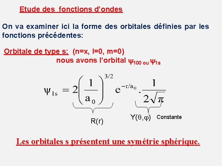 Etude des fonctions d’ondes On va examiner ici la forme des orbitales définies par