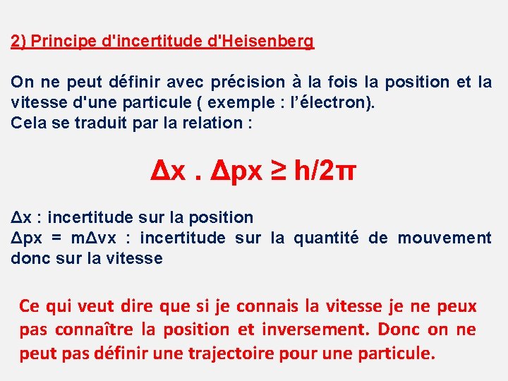 2) Principe d'incertitude d'Heisenberg On ne peut définir avec précision à la fois la