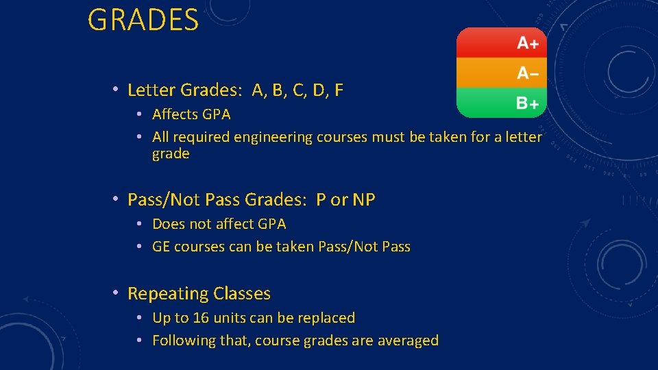 GRADES • Letter Grades: A, B, C, D, F • Affects GPA • All