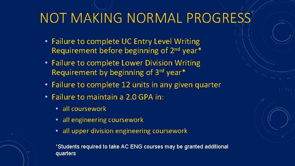 NOT MAKING NORMAL PROGRESS • Failure to complete UC Entry Level Writing Requirement before