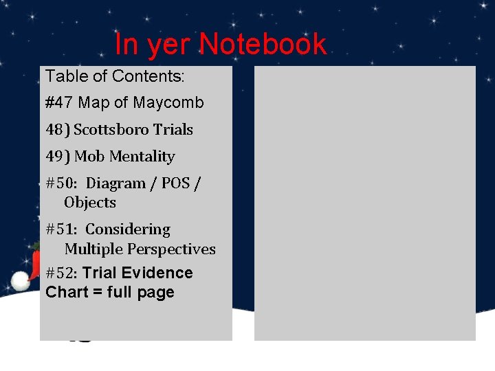 In yer Notebook Table of Contents: #47 Map of Maycomb 48) Scottsboro Trials 49)