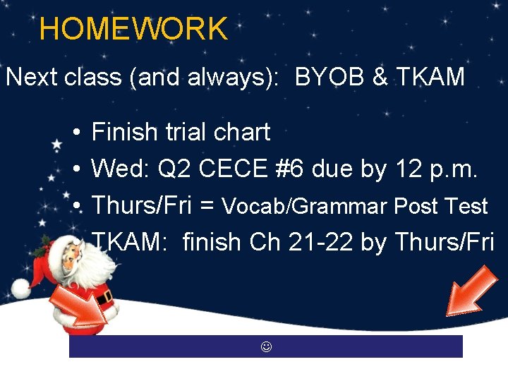 HOMEWORK Next class (and always): BYOB & TKAM • • Finish trial chart Wed: