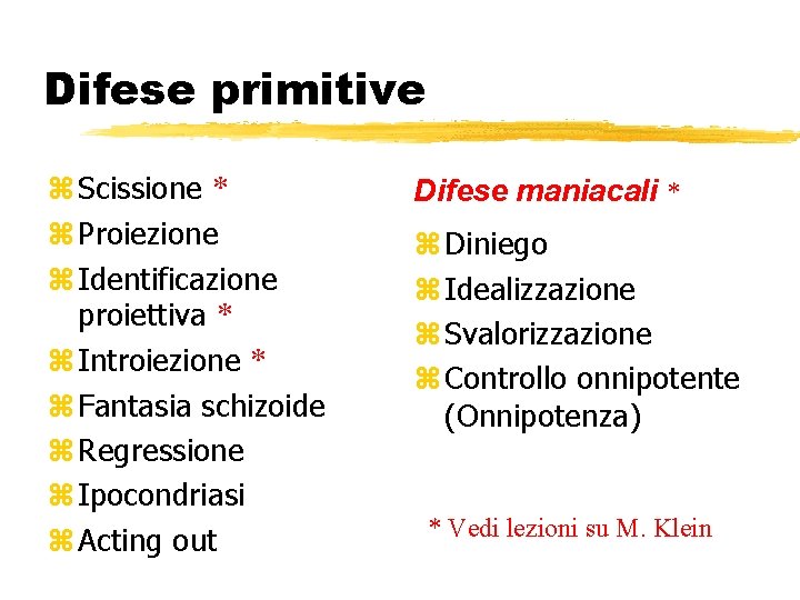 Difese primitive z Scissione * z Proiezione z Identificazione proiettiva * z Introiezione * Difese primitive z Scissione * z Proiezione z Identificazione proiettiva * z Introiezione *