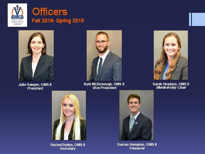 Officers Fall 2018 - Spring 2019 Julie Sawyer, OMS II President Kyle Mc. Donough,