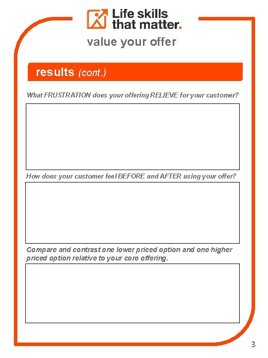 value your offer results (cont. ) What FRUSTRATION does your offering RELIEVE for your
