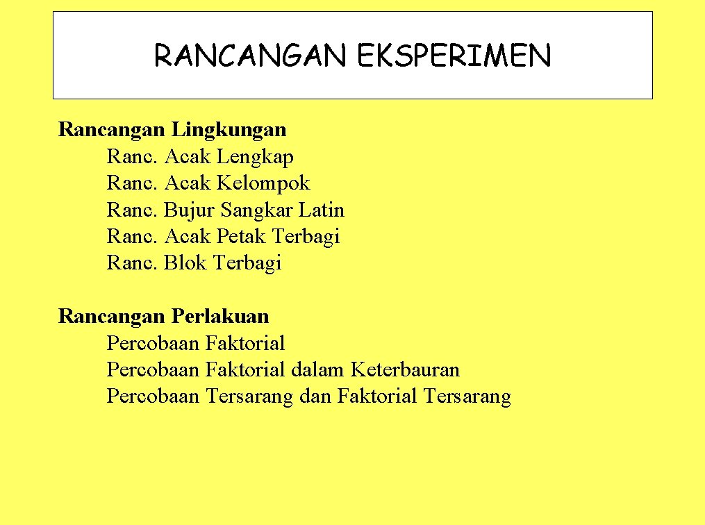 RANCANGAN EKSPERIMEN Rancangan Lingkungan Ranc. Acak Lengkap Ranc. Acak Kelompok Ranc. Bujur Sangkar Latin