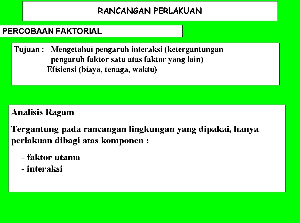 RANCANGAN PERLAKUAN PERCOBAAN FAKTORIAL Tujuan : Mengetahui pengaruh interaksi (ketergantungan pengaruh faktor satu atas