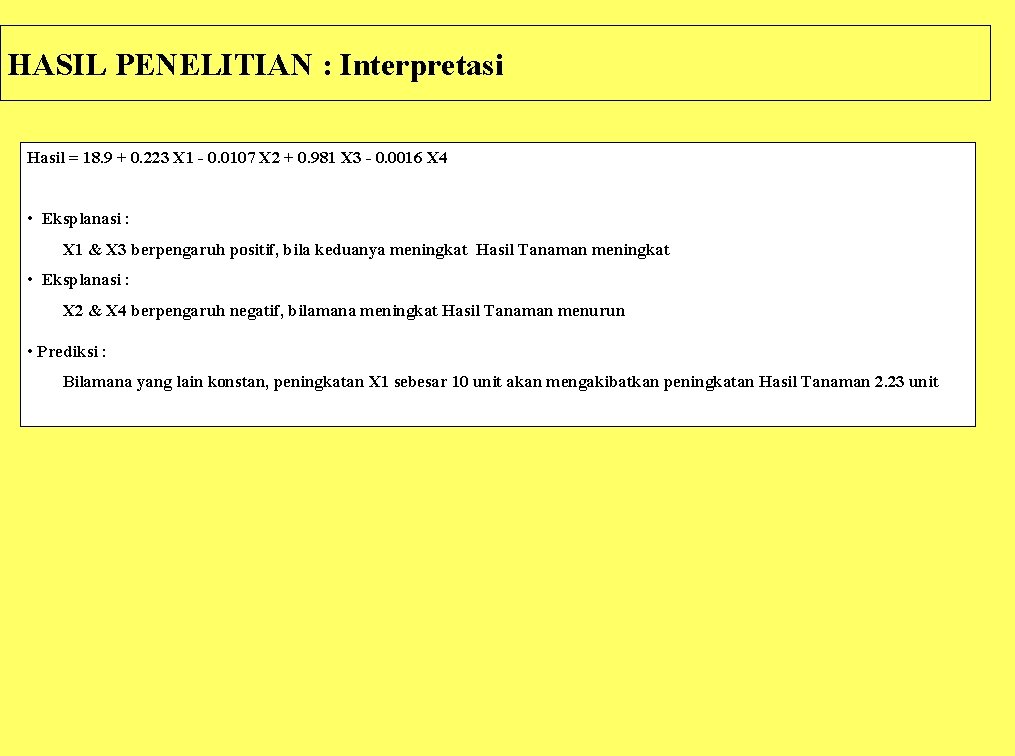 HASIL PENELITIAN : Interpretasi Hasil = 18. 9 + 0. 223 X 1 -