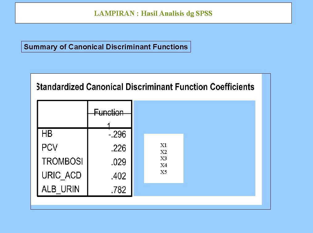 LAMPIRAN : Hasil Analisis dg SPSS Summary of Canonical Discriminant Functions X 1 X