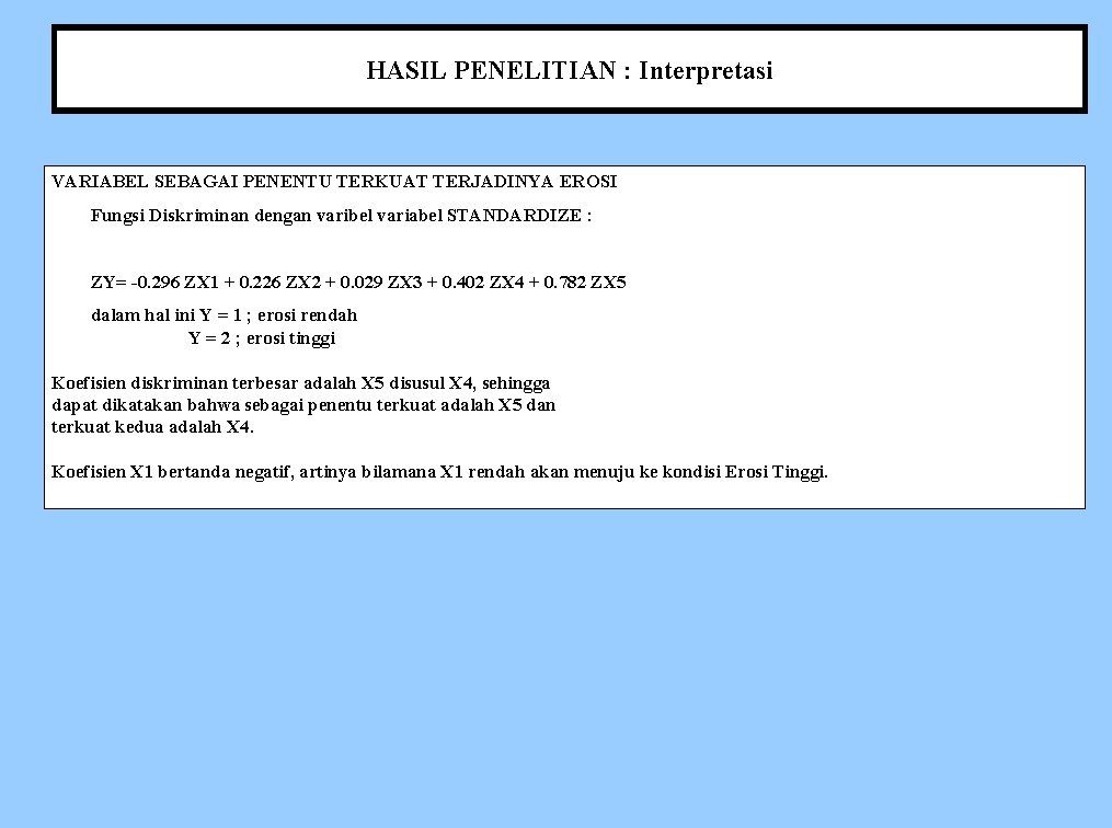 HASIL PENELITIAN : Interpretasi VARIABEL SEBAGAI PENENTU TERKUAT TERJADINYA EROSI Fungsi Diskriminan dengan varibel