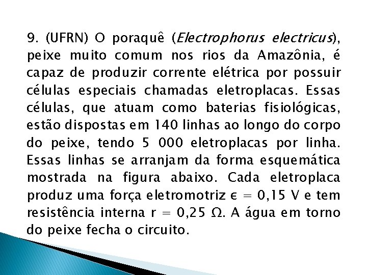 9. (UFRN) O poraquê (Electrophorus electricus), peixe muito comum nos rios da Amazônia, é