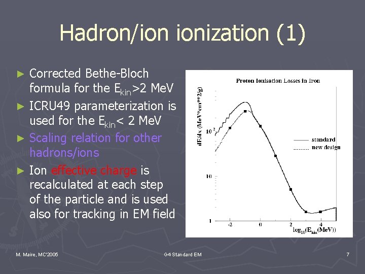 Hadron/ion ionization (1) Corrected Bethe-Bloch formula for the Ekin>2 Me. V ► ICRU 49