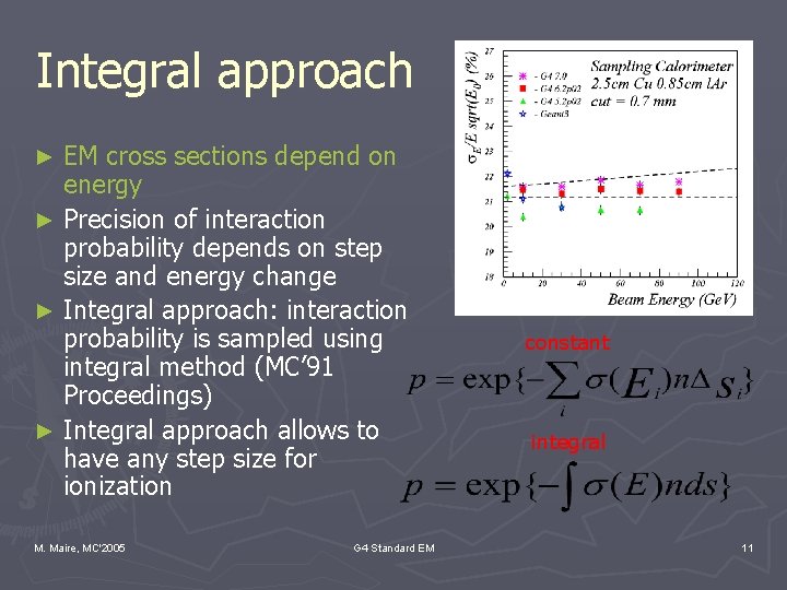 Integral approach EM cross sections depend on energy ► Precision of interaction probability depends