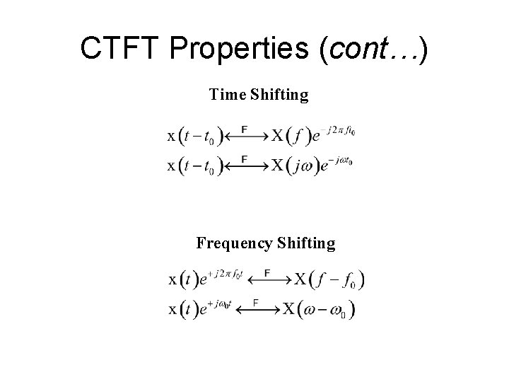 CTFT Properties (cont…) Time Shifting Frequency Shifting 