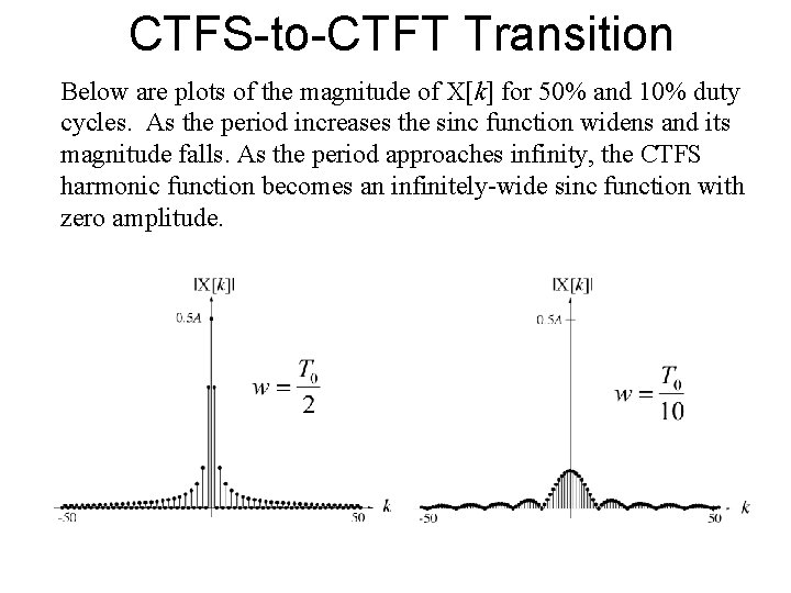 CTFS-to-CTFT Transition Below are plots of the magnitude of X[k] for 50% and 10%