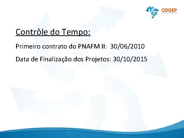 Contrôle do Tempo: Primeiro contrato do PNAFM II: 30/06/2010 Data de Finalização dos Projetos: