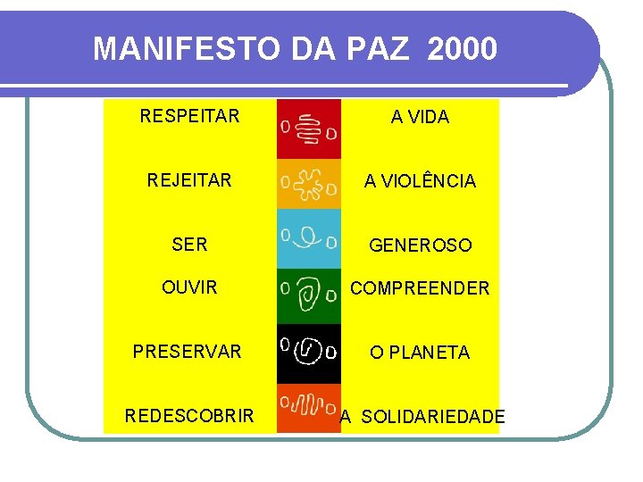 MANIFESTO DA PAZ 2000 RESPEITAR A VIDA REJEITAR A VIOLÊNCIA SER GENEROSO OUVIR COMPREENDER