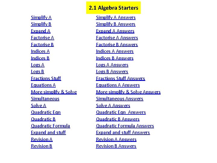 2. 1 Algebra Starters Simplify A Simplify B Expand A Factorise B Indices A