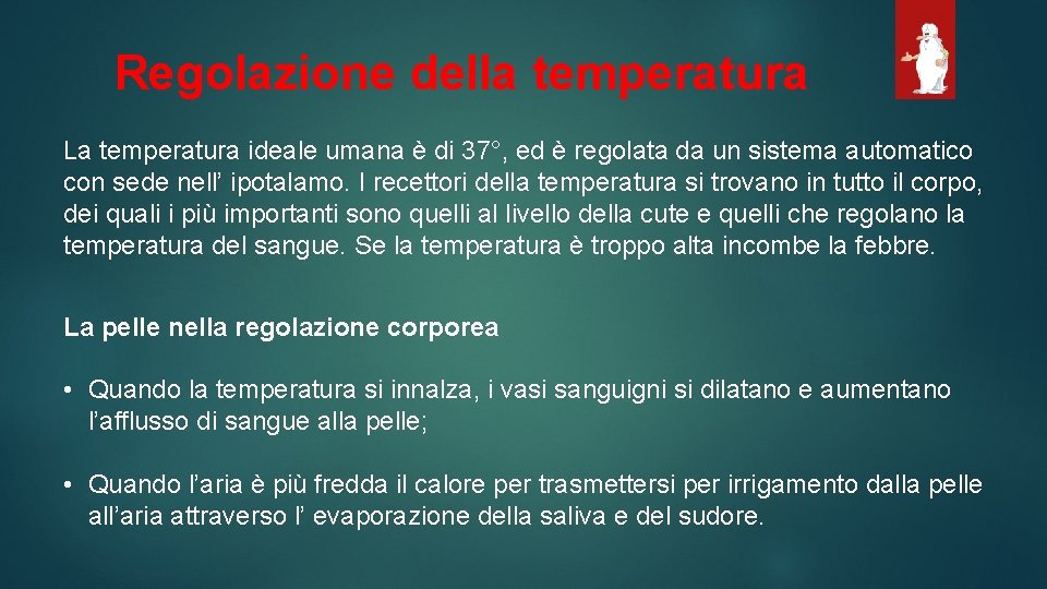 Regolazione della temperatura La temperatura ideale umana è di 37°, ed è regolata da