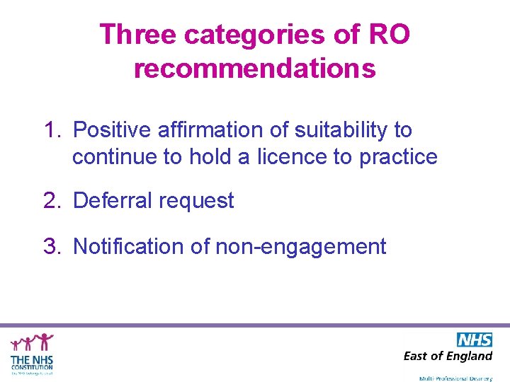 Three categories of RO recommendations 1. Positive affirmation of suitability to continue to hold