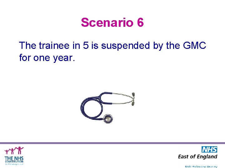 Scenario 6 The trainee in 5 is suspended by the GMC for one year.