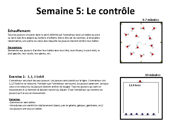 Semaine 5: Le contrôle 6 -7 minutes Échauffement: Tous les joueurs circulent dans le