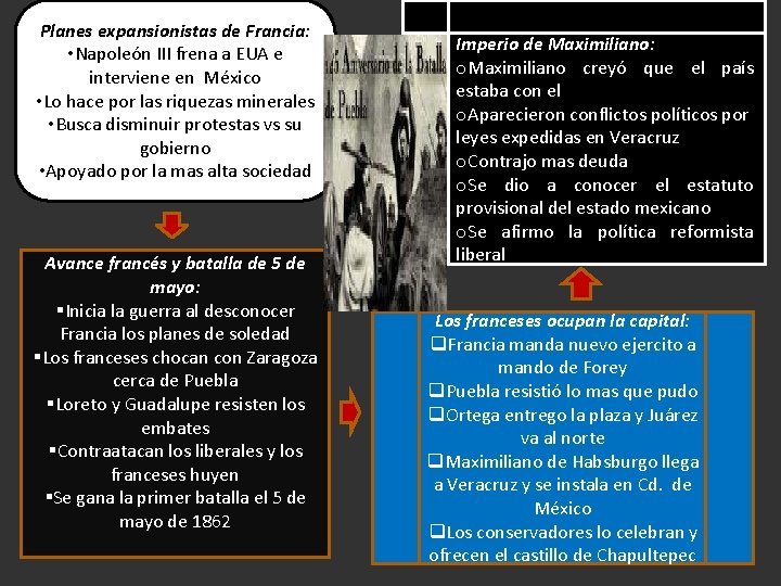 Planes expansionistas de Francia: • Napoleón III frena a EUA e interviene en México