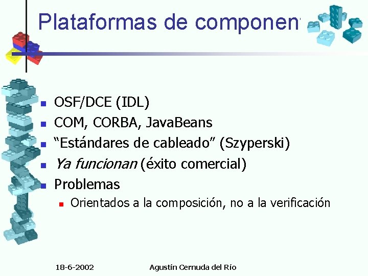 Plataformas de componentes n n n OSF/DCE (IDL) COM, CORBA, Java. Beans “Estándares de