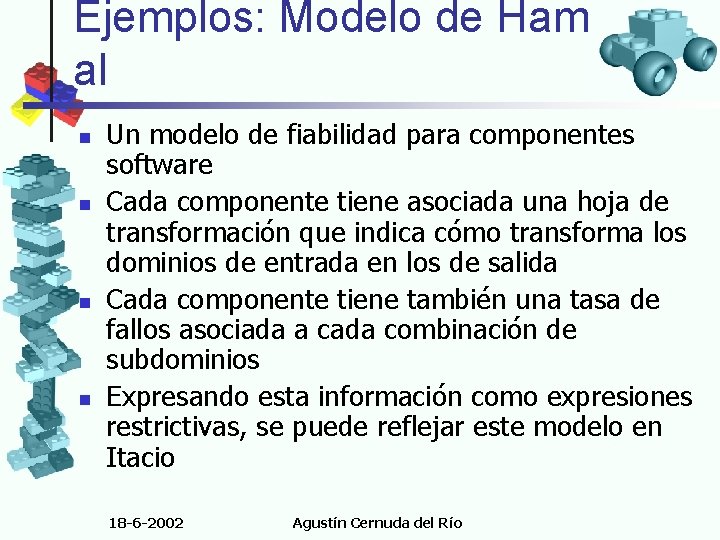 Ejemplos: Modelo de Hamlet et al n n Un modelo de fiabilidad para componentes