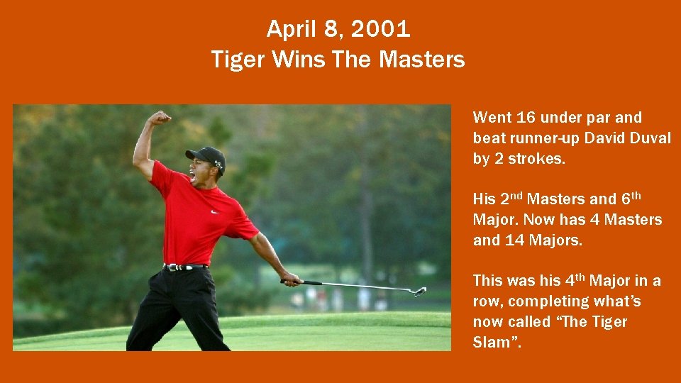 April 8, 2001 Tiger Wins The Masters Went 16 under par and beat runner-up