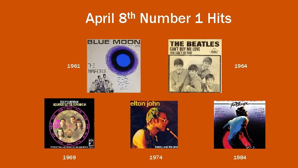 April th 8 Number 1 Hits 1961 1969 1964 1974 1984 