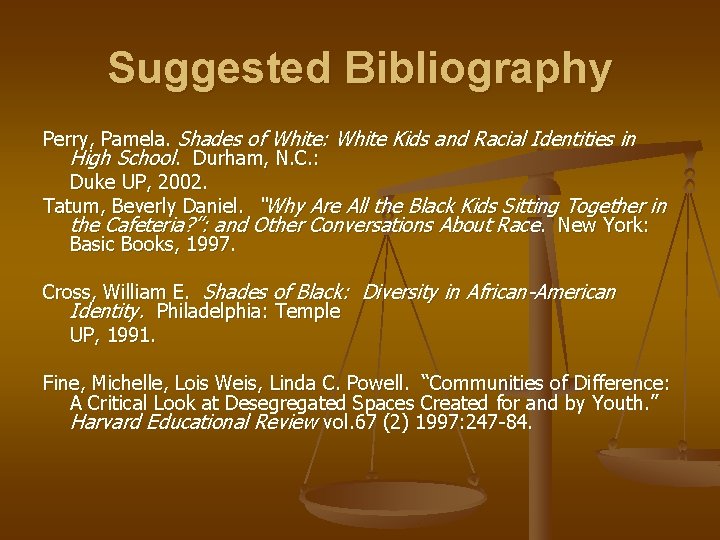 Suggested Bibliography Perry, Pamela. Shades of White: White Kids and Racial Identities in High