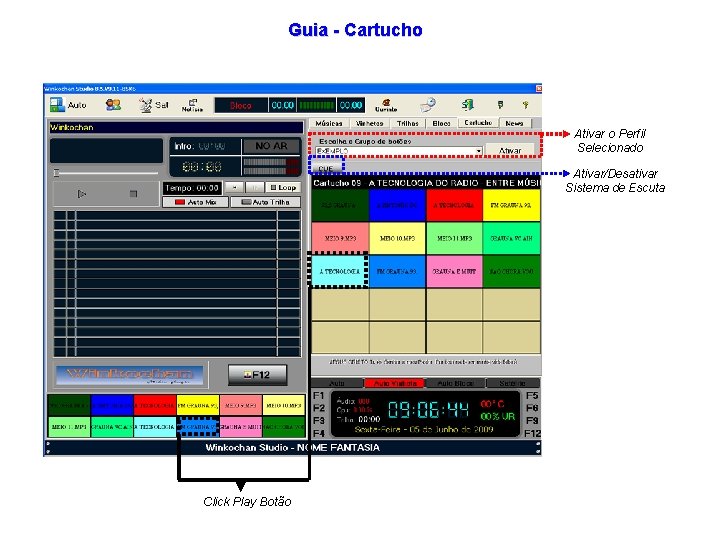 Guia - Cartucho Ativar o Perfil Selecionado Ativar/Desativar Sistema de Escuta Click Play Botão Guia - Cartucho Ativar o Perfil Selecionado Ativar/Desativar Sistema de Escuta Click Play Botão
